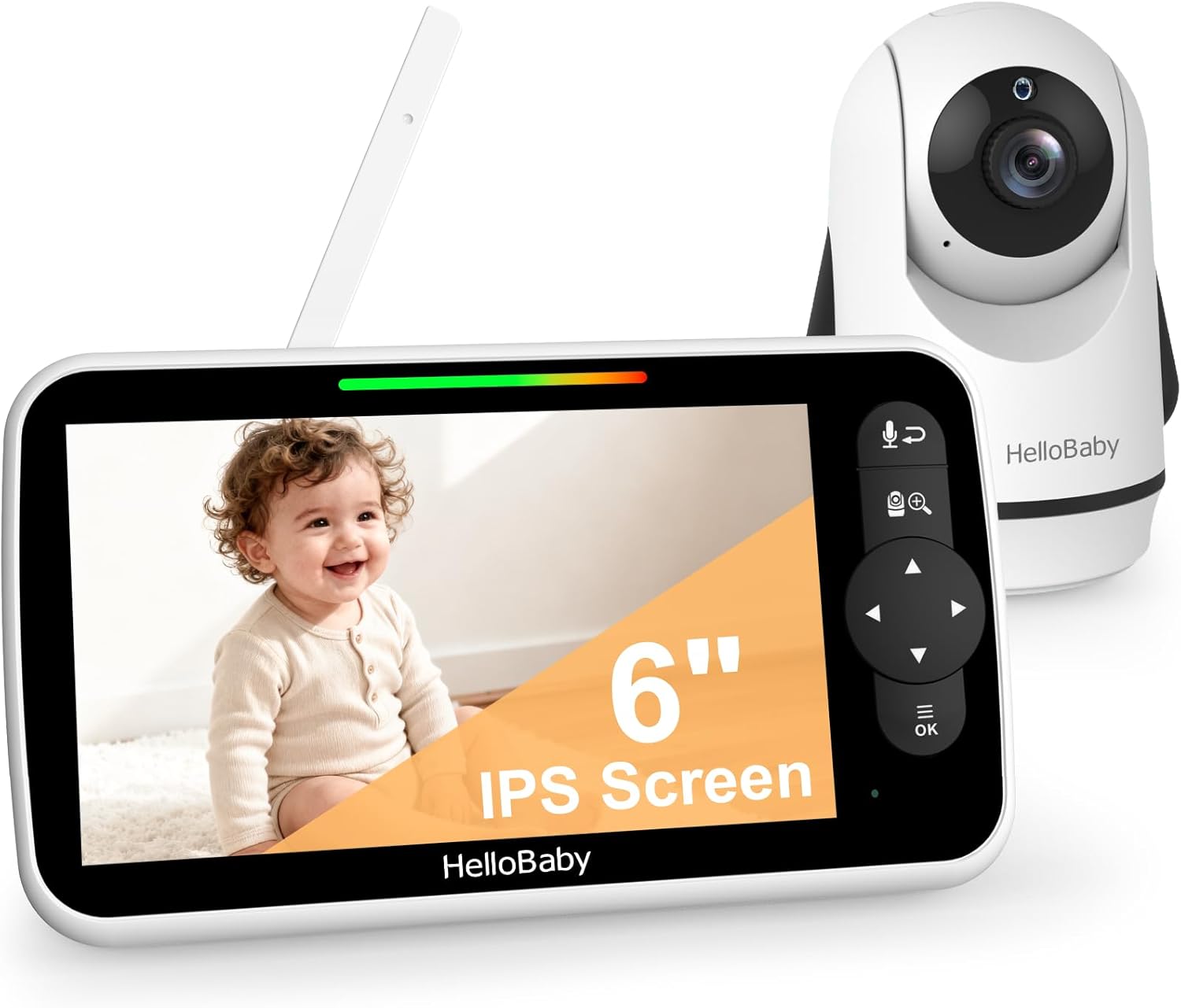 HelloBaby Monitor de Video para Bebés de 6", Pantalla Grande con Cámara y Audio, Batería de 4000mAh y Modo Eco, Visión Nocturna, Sin WiFi, Conversación Bidireccional y 8 Canciones de Cuna, Cámara PTZ