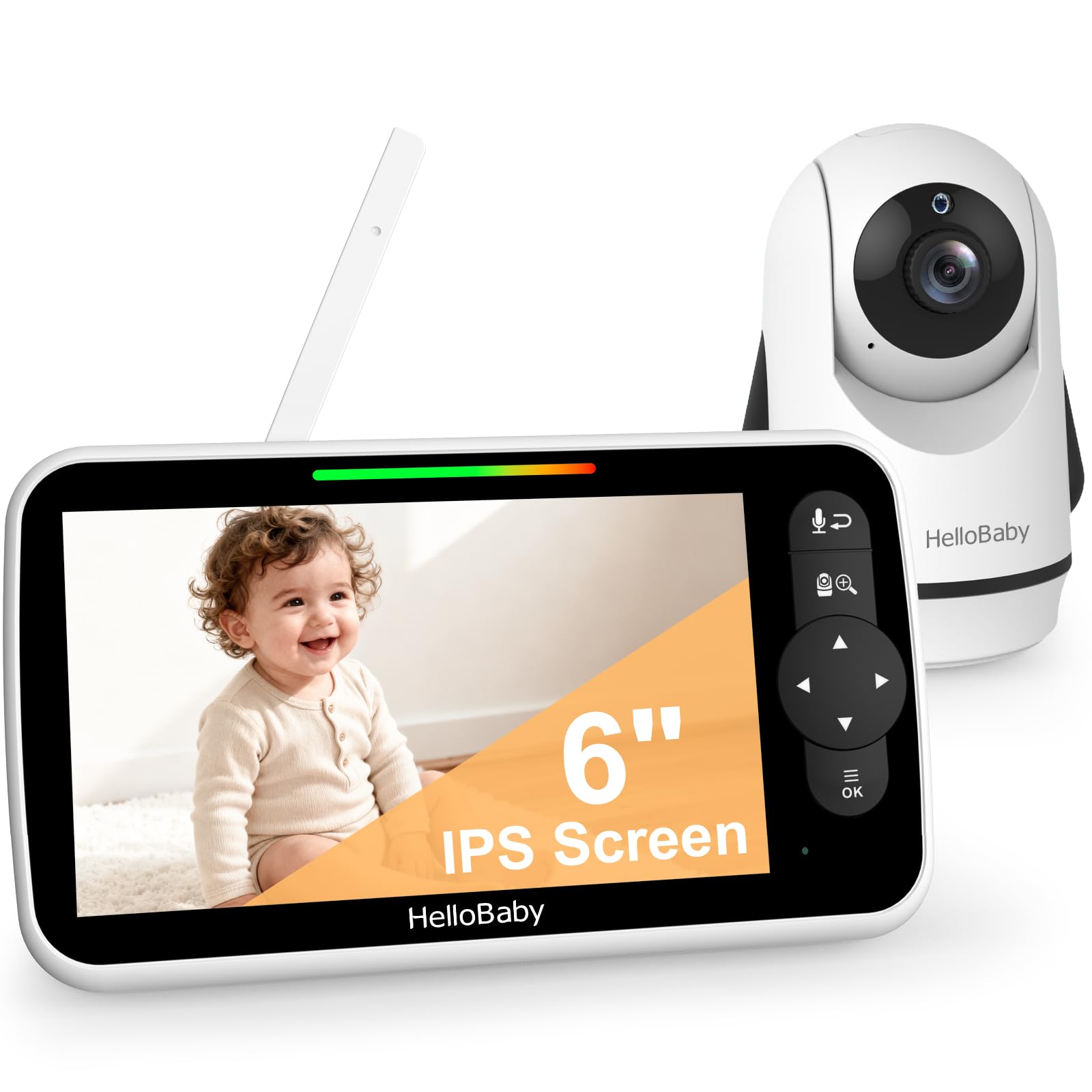 HelloBaby 6-Zoll Video-Babyphone, Großes Display mit Kamera und Audio, 4000-mAh-Batterie und ECO-Modus, Nachtsicht, Kein WiFi, Zwei-Wege-Kommunikation und 8 Schlaflieder, Fernbedienbare PTZ-Kamera