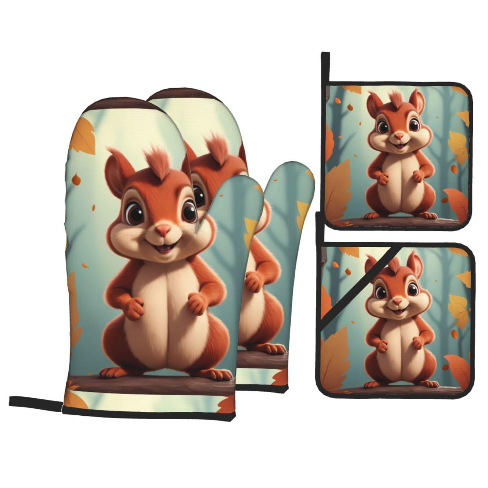 HJFCZH Funny Squirrel Picture Kitchen Baking Set of 4 Thick Insulated Oven Mitt & Pot Holders, Anti-Scalding for Microwave, Oven, Outdoor BBQ