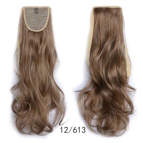 Miniatura 5 de iLUU Cola de caballo de una pieza #12613 marrón mezclado con rubio decolorado, extensiones de cabello rizado con cola de caballo para niñas y