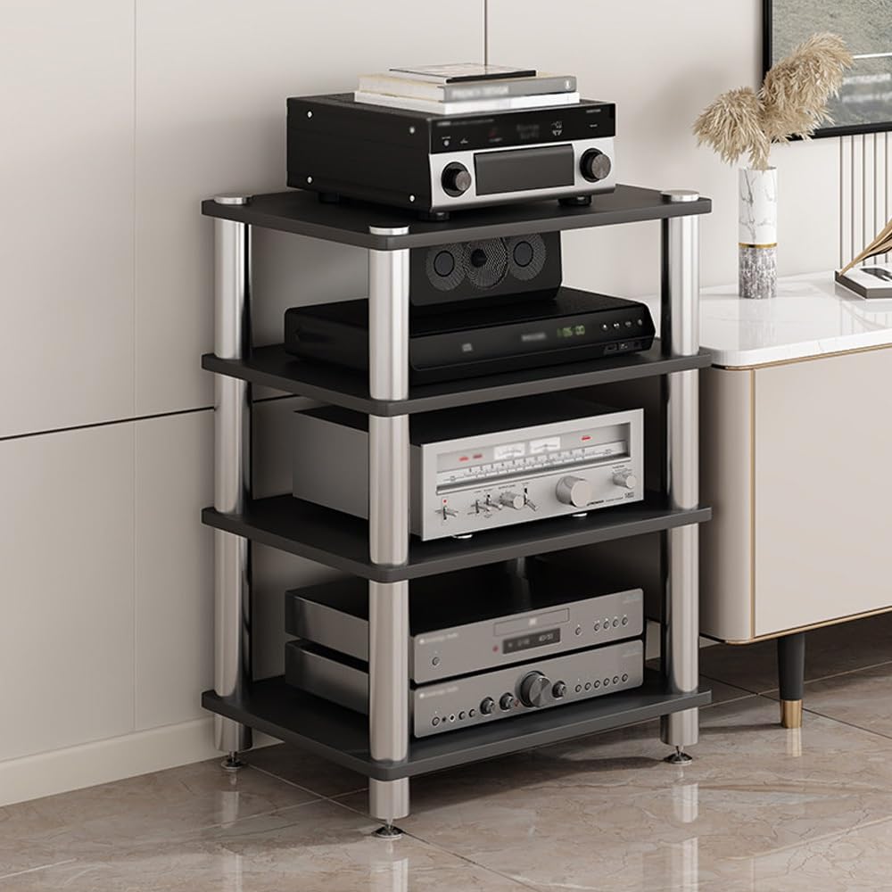 Generico Stereo HiFi Rack, Supporto Multimediale AV A 3/4 Livelli, Rack E Supporti Stereo, Armadio Per Componenti Video, Mobiletto Portaoggetti Per Giradischi(Black,4 tier-60x48x85cm)