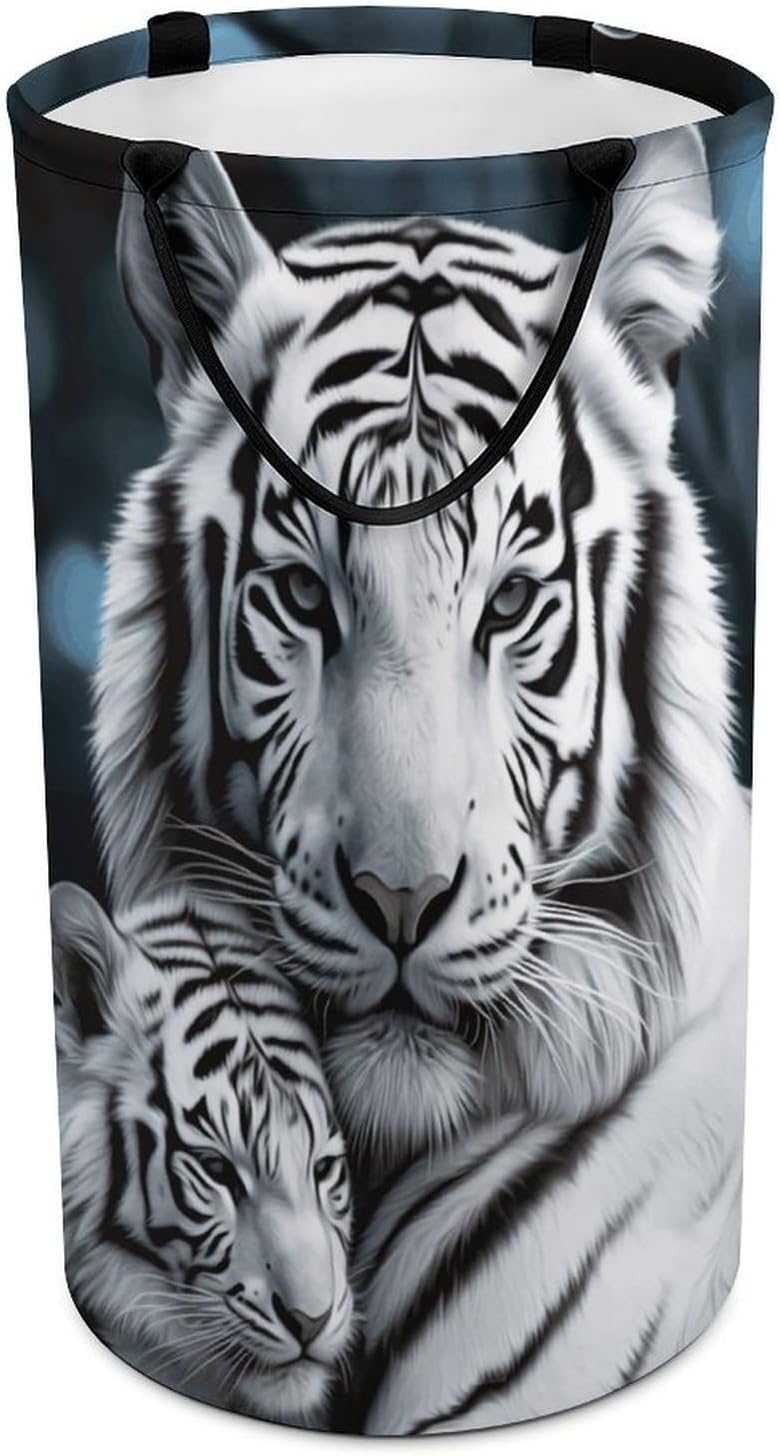 White Tiger Laundry Hamper Freestanding Waterproof Clothes Hamper with Easy Carry Handles Large Collapsible Laundry Baskets Portable Dirty Clothes Basket