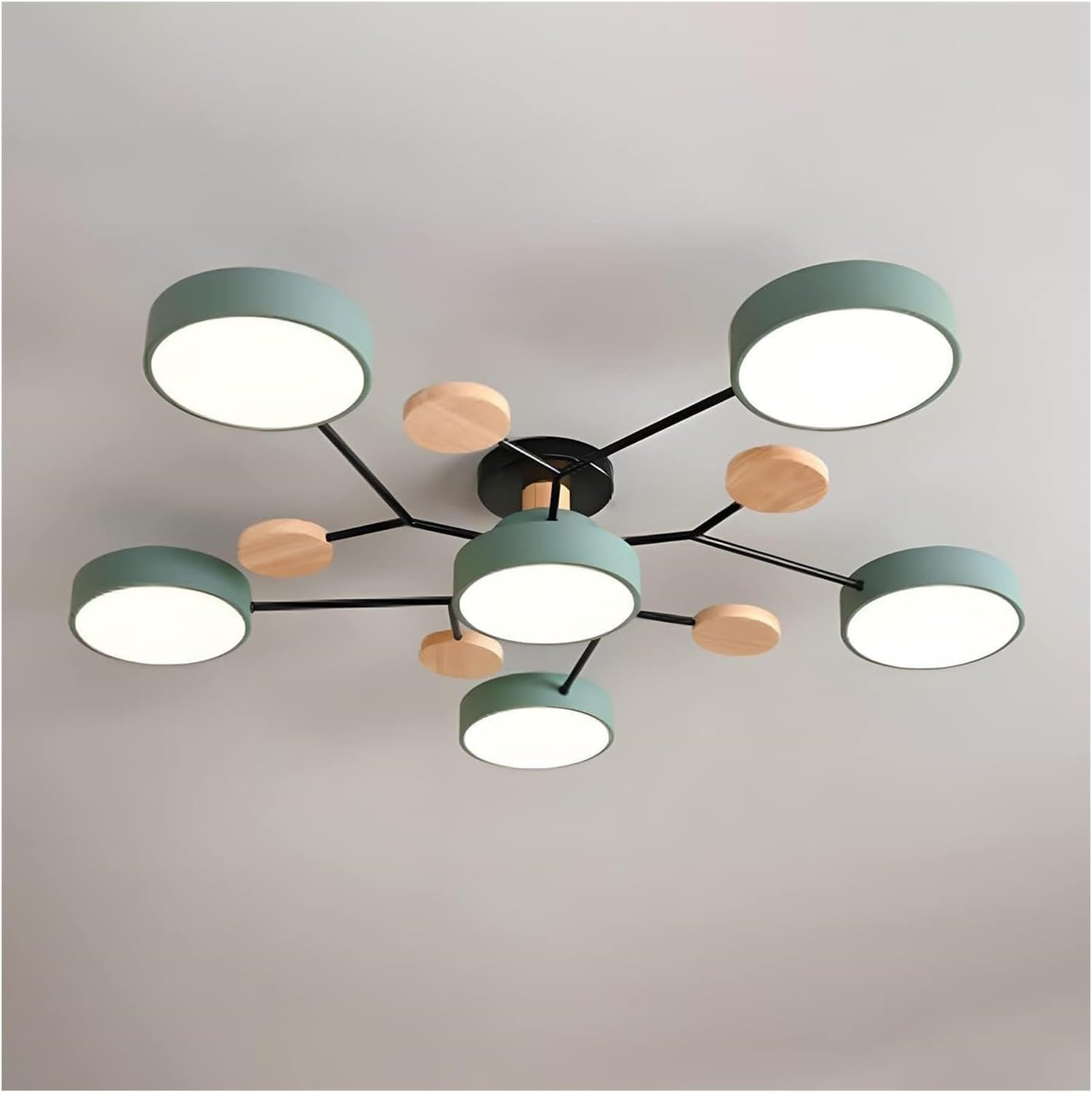 ZBELLO Ceiling Light, Modern Semi Flush Mount Ceiling Light,Nordic Wood Ceiling Light with Acrylic LED Shade,Acrylic, for Bedroom, Living Room, Kitchen（Requires Assembly） (Green-White Light,6 Heads)