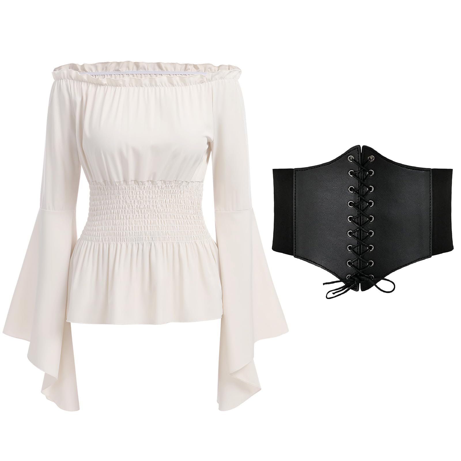 IMEKIS Women Renaissance Top Medieval Blouse Bell Sleeve Off Shoulder Gothic Voctrian Shirt with Corset Waist Belt Fancy Pirate Halloween Costume White M - Image 2