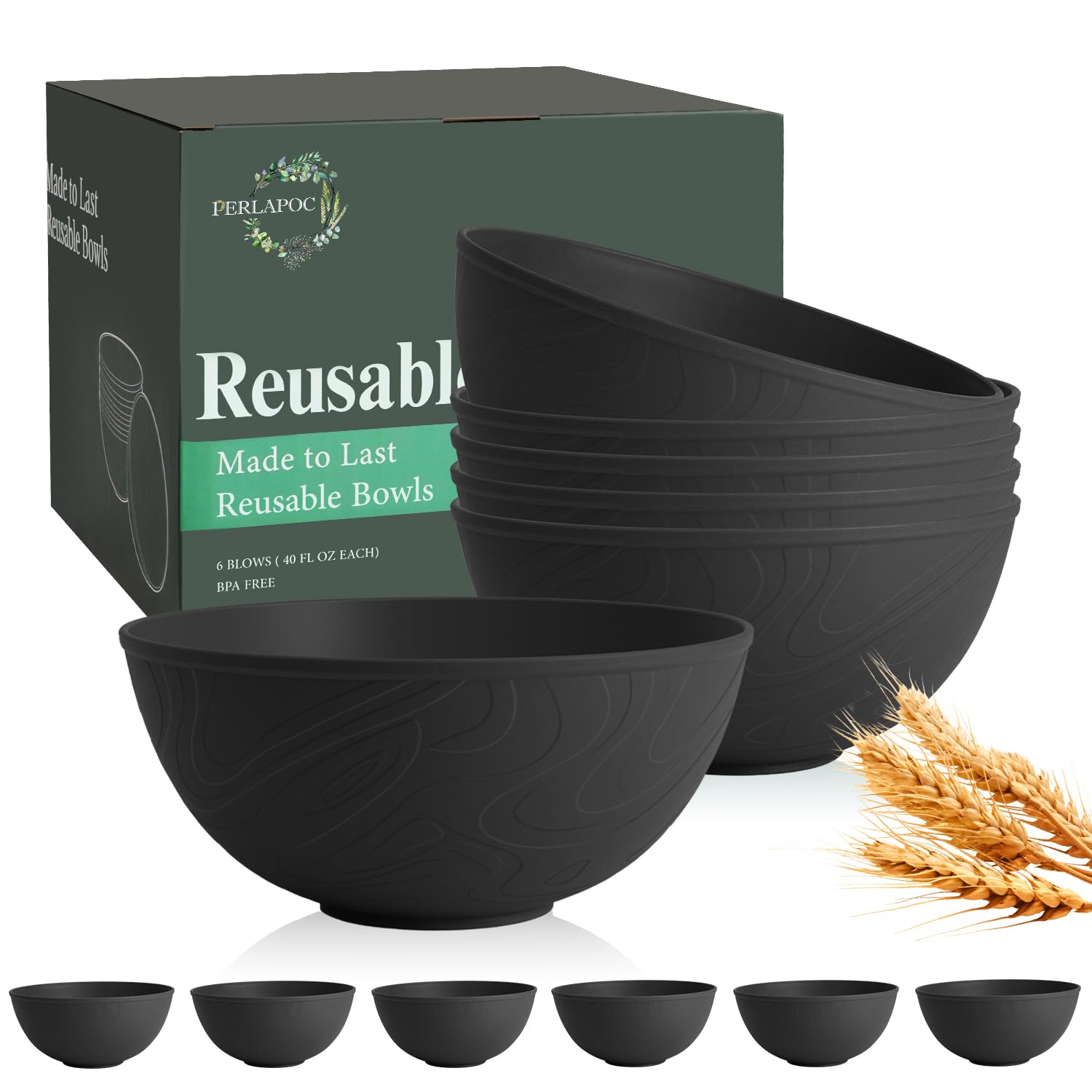 Unbreakable Cereal Bowls 40 OZ, Wheat Straw Bowls Set of 6, Anti Scald Extra Thick Soup Bowls, Reusable Plastic Bowl for Kitchen, Outdoor, Camping, RV, Black