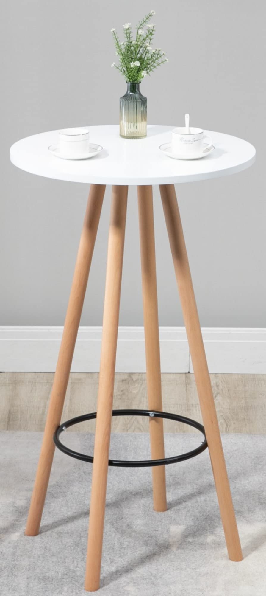 CLP Table Haute De Bar Livia avec Plateau Rond I Pieds en Bois I Repose-Pieds en Métal | Couleur Nature/Blanc