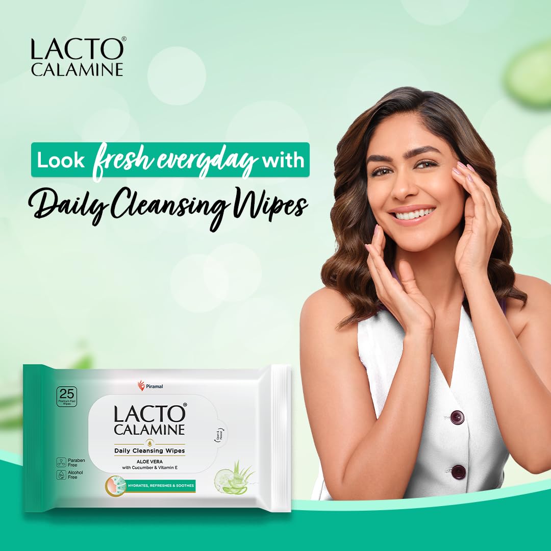Lacto Calamine Daily Cleansing Face Wipes 25N Each - Pack of 6 | Makeup Remover Wipes | Wet Tissue for Face with Aloe Vera, Cucumber & Vitamin E | Wet Wipes for Women & Men | Paraben & Alcohol Free