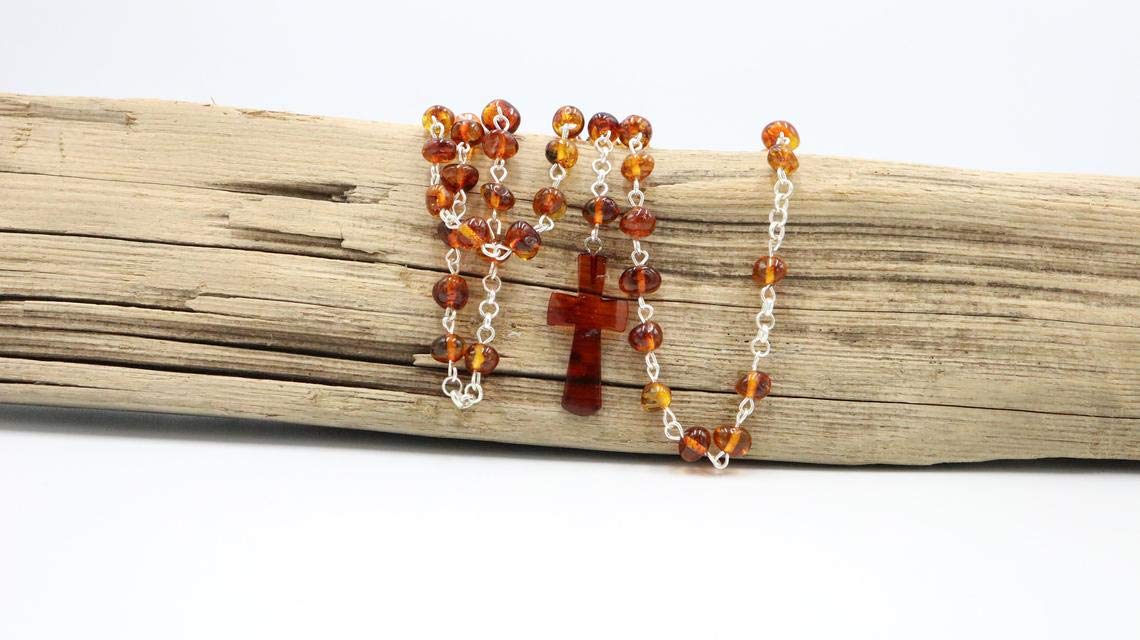 Rosario ámbar color coñac | Cuentas de oración hechas a mano únicas | Ámbar báltico certificado | Viene en caja de regalo | Joyas de ámbar, Plata Ámbar Plata, Ámbar