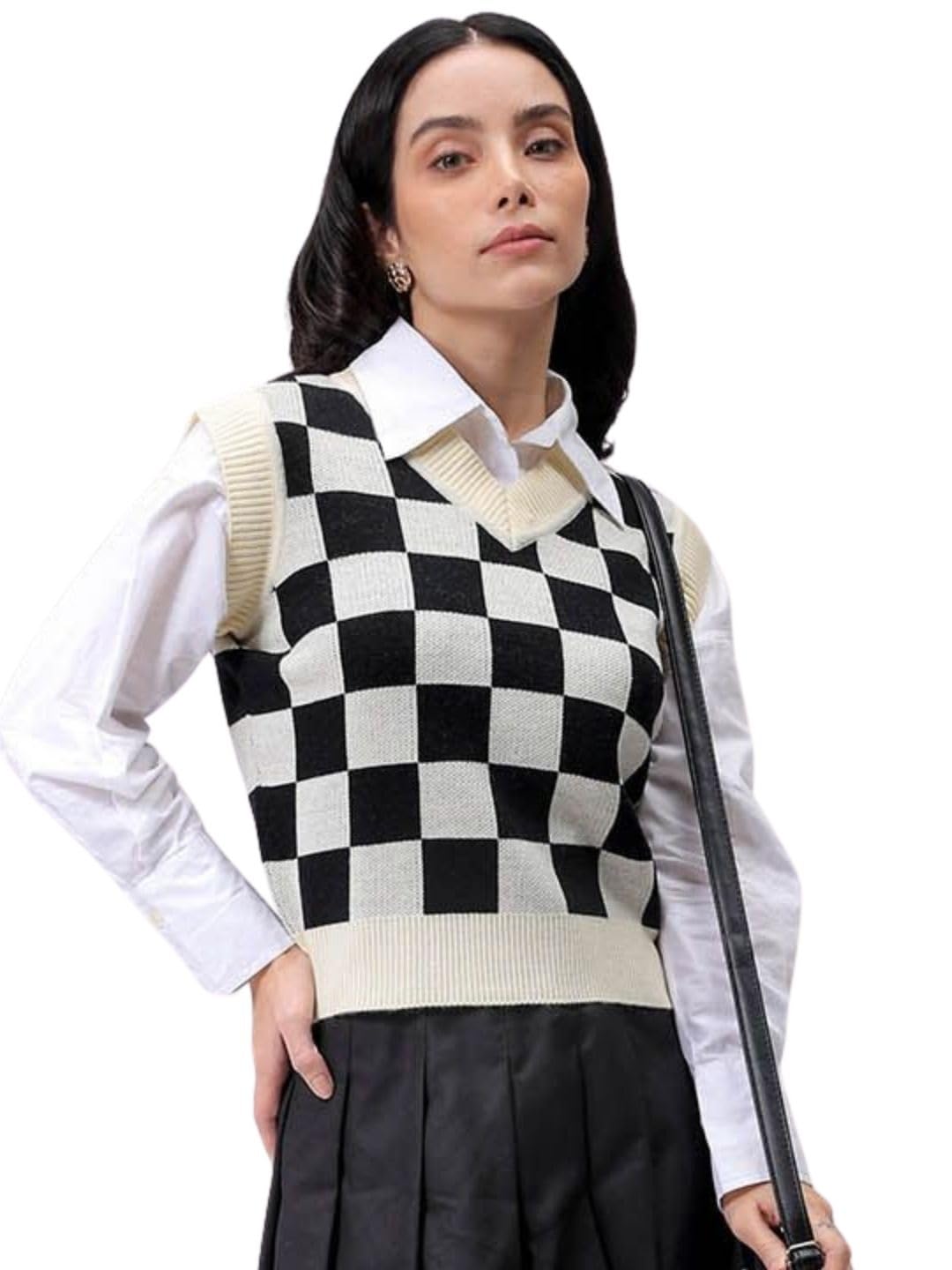 by The Indian Garage Co Women Loose Fit Checkered Sweater Vest