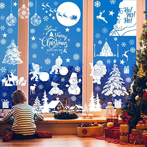Vetrofanie Natalizie, 9 Fogli Adesivi Natalizi per Finestre, Doppia Faccia Vetrofanie Natale con Babbo Natale, Alce di Natale, Pupazzo di Neve, Albero di Natale, PVC, Riutilizzabile