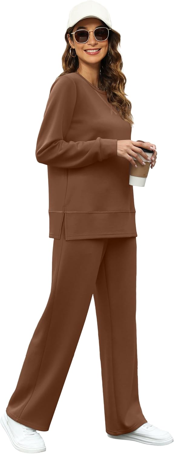 OFEEFAN Women's 2 Piece Lounge Set Travel Airport Outfits Side Slit Tracksuit Wide Leg Loungewear Baggy Comfy Sweatsuit S-3XL - Image 2