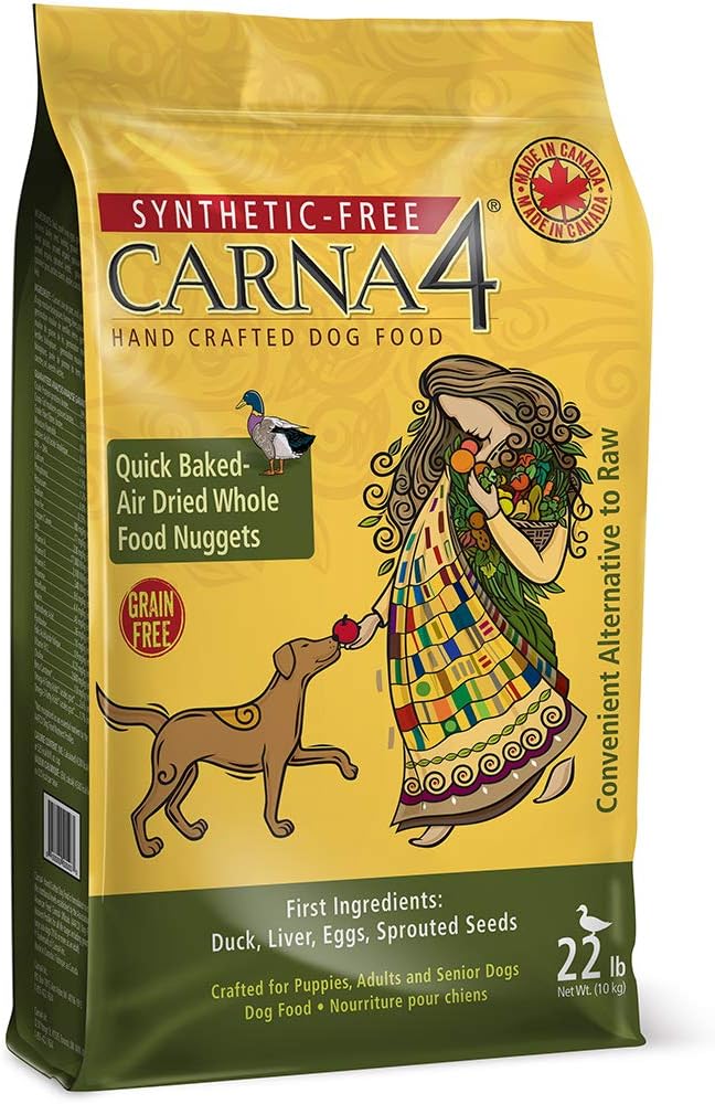 CARNA4 Air Dried Dog Food, Duck Recipe, Quick Baked Whole Food Nutrition with Sprouted Seeds, Natural Probiotics & Enzymes, No Synthetics, Grain-Free - 22 Pound