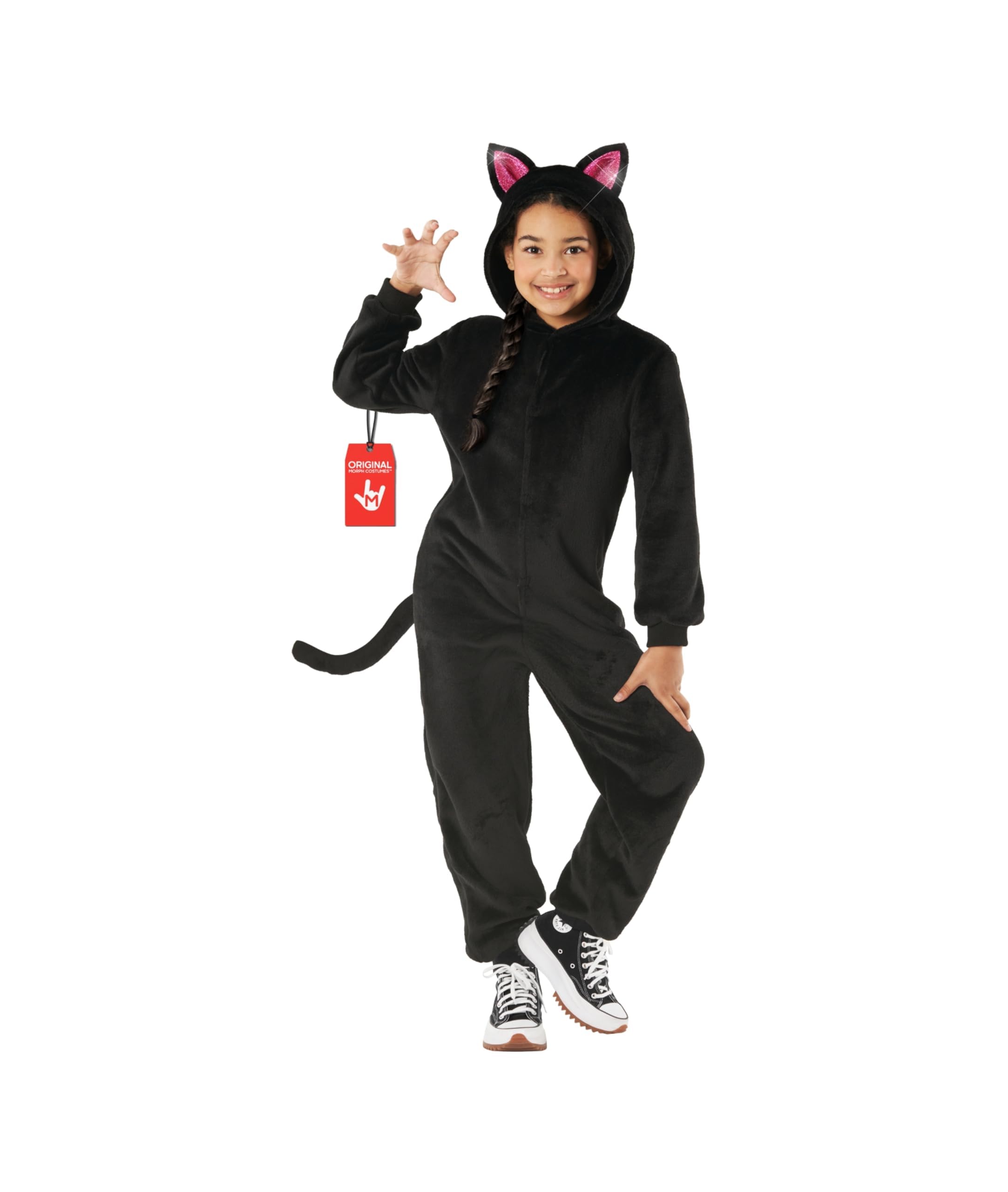 Morph Disfraz Gato Negro Niña, Disfraz Halloween Niña | Mono de Peluche Negro con Cola & Diadema con Orejas, Para Poner, Perfecto para Halloween, Ideal para Juegos de Rol