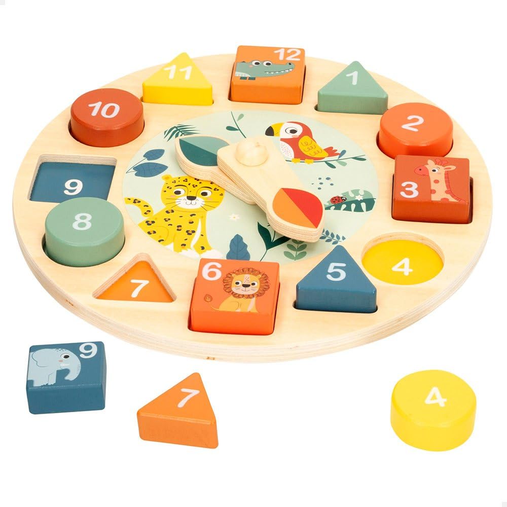 WOOMAX - Orologio in Legno Giocattolo, Zookabee, Diametro 22 cm, Animali Selvatici, Orologi educativi, Incassabili, Design Giungla, Gioco educativo, Giocattoli Bambini 3 Anni, Orologi educativi, FSC