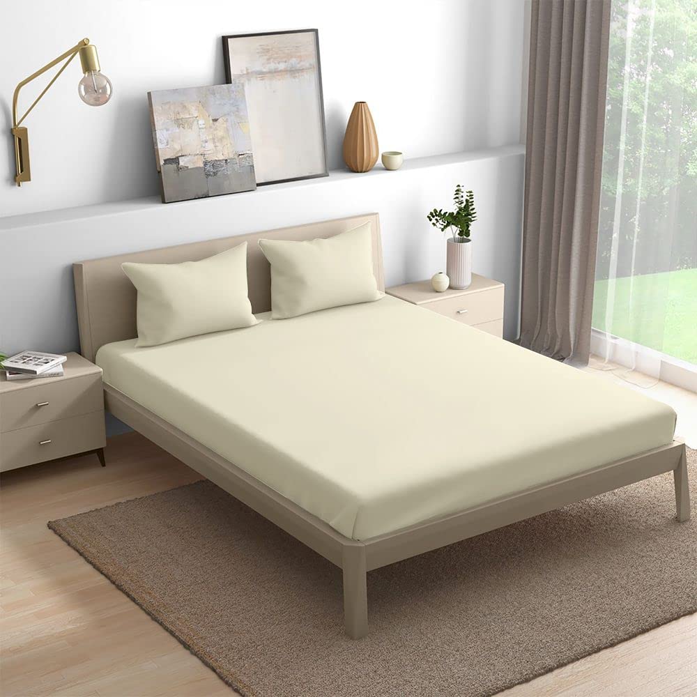Wakefit Cotton Fitted Bedsheet | 300 TC Elastic Fitted Sheet, King Bed Bedsheet with 2 Pillow Covers | Beige - 78x72 inches