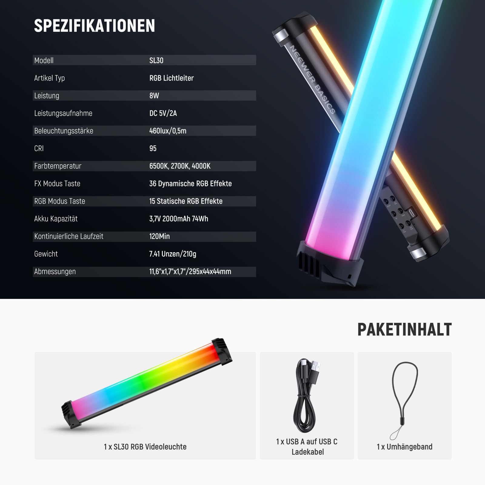 NEEWER Basics 12" Magnetischer RGB Lichtstab, CRI95 dimmbarer 8W LED Handheld Videoleuchtstab mit 51 RGB Modi, 2000mAh Akku für YouTube, TikTok, Kamera Streaming, Studio Videoaufnahmen, SL30