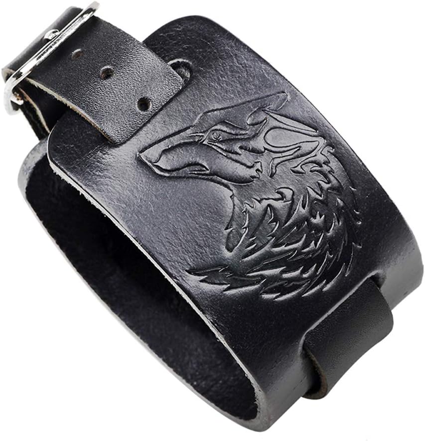 Black Leather Bracelet Wolf Head Bracelet Punk Style Wide Bangle Cuff Bracelet Strap Wristband for Men and Women