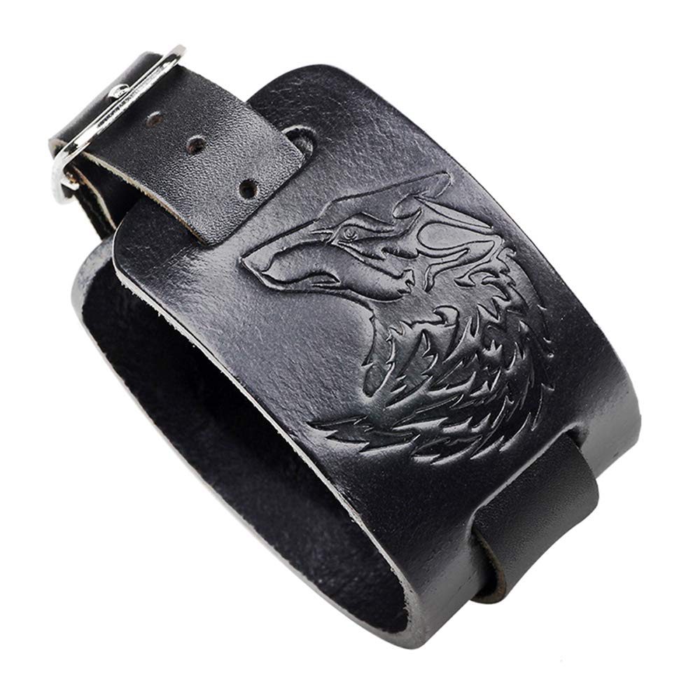 Black Leather Bracelet Wolf Head Bracelet Punk Style Wide Bangle Cuff Bracelet Strap Wristband for Men and Women