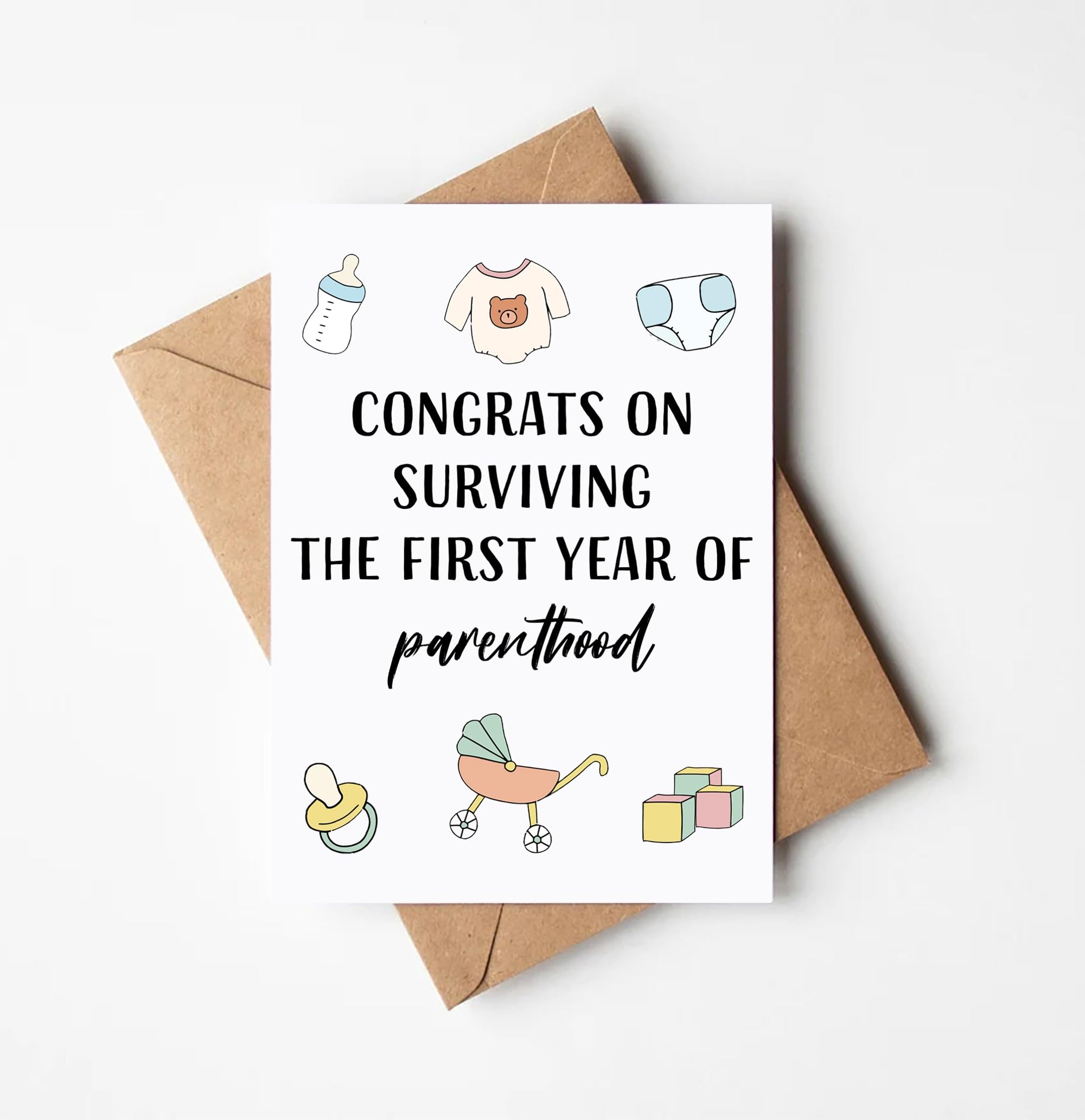 TinyCracker First Year Parenthood Congrats Card - 1st Birthday - Modern Letter Print, 5 x 7 Inches