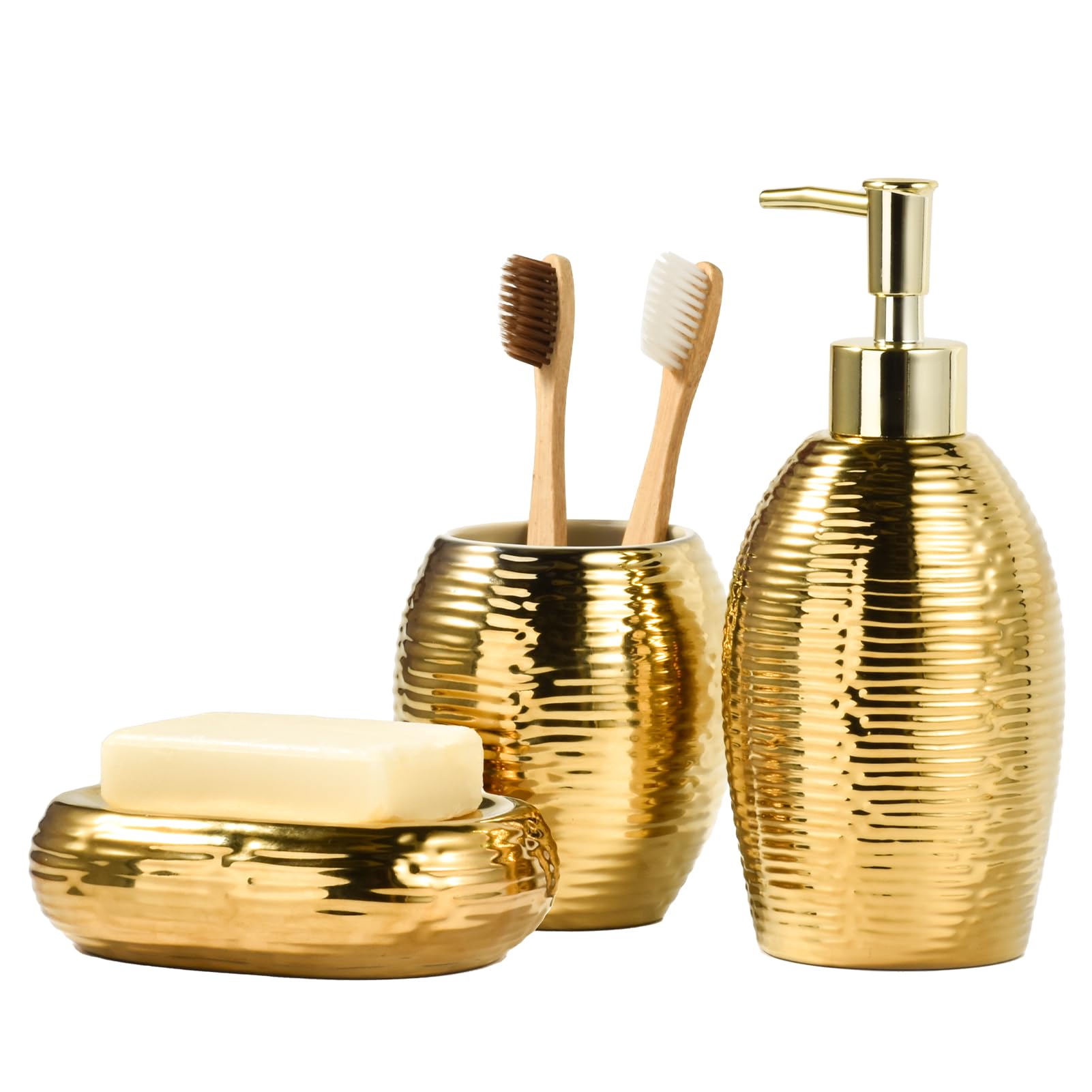 Gold Seifenspender Set, 3-teiliges Keramik Badezimmer Zubehör Set, Badezimmer Seifenschale und Luxus Cup Set（Streifen）