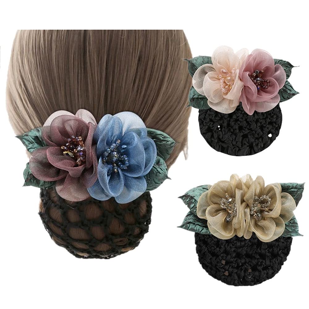 3 Pack Women Silk Flower Hair Clip, Hair Bun Cover, Barrettes Net Snood Hairnet Lace Bow Bow-knot Decor Hair Clip Hairnet (color 1)