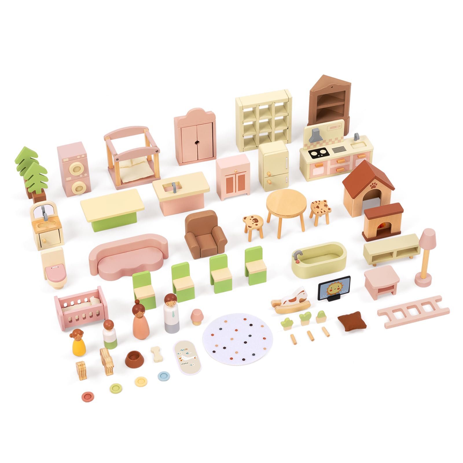 OOOK Puppenhaus Holz, Puppenhaus ab 3 Jahre Mädchen mit 60 Möbel Zubehör, 3-stöckiges Holzpuppenhaus Groß mit 4 Puppen und 2 Haustieren, Wooden Doll House for Girls | 4 Puppen und 2 Haustiere, großes 3-stöckiges Puppenhaus mit 6 Zimmern, Puppenhaus für Mä