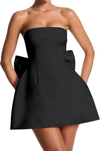 Womens Summer Sexy Strapless A-Line Backless Corset Mini Dress Cute Tube Top Bodycon Fit and Flare Bow Dress