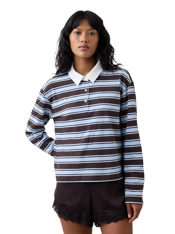 GAP Women's Long Sleeve Rugby Polo Blue Brown Stripe M by GAP - Used condition - US$39.37