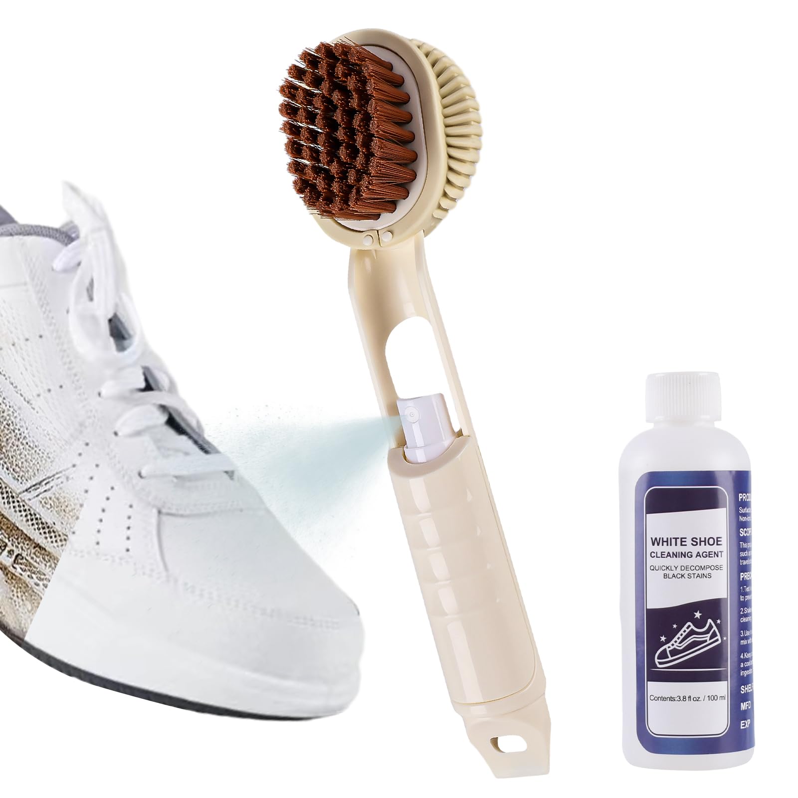 NUKied Shoe Cleaning Kit - 3-Way Shoe Brush with Detachable Small Spray Bottle, White Shoe Sneaker Cleaner and Shoe Shine Cloth Set for Cleaning Sneakers, Boot, Leather, Canvas, and Suede Shoes-1 Set