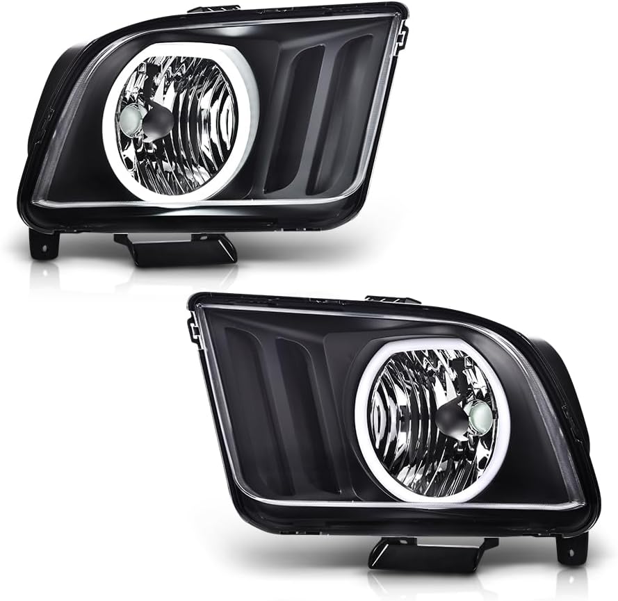 LED Headlight Assembly Compatible with 2005-2009 Ford Mustang Driver & Passenger Side Front Headlamp Clear Lens Black Housing 4R3Z13008AA 7R3Z13008C FO2503215
