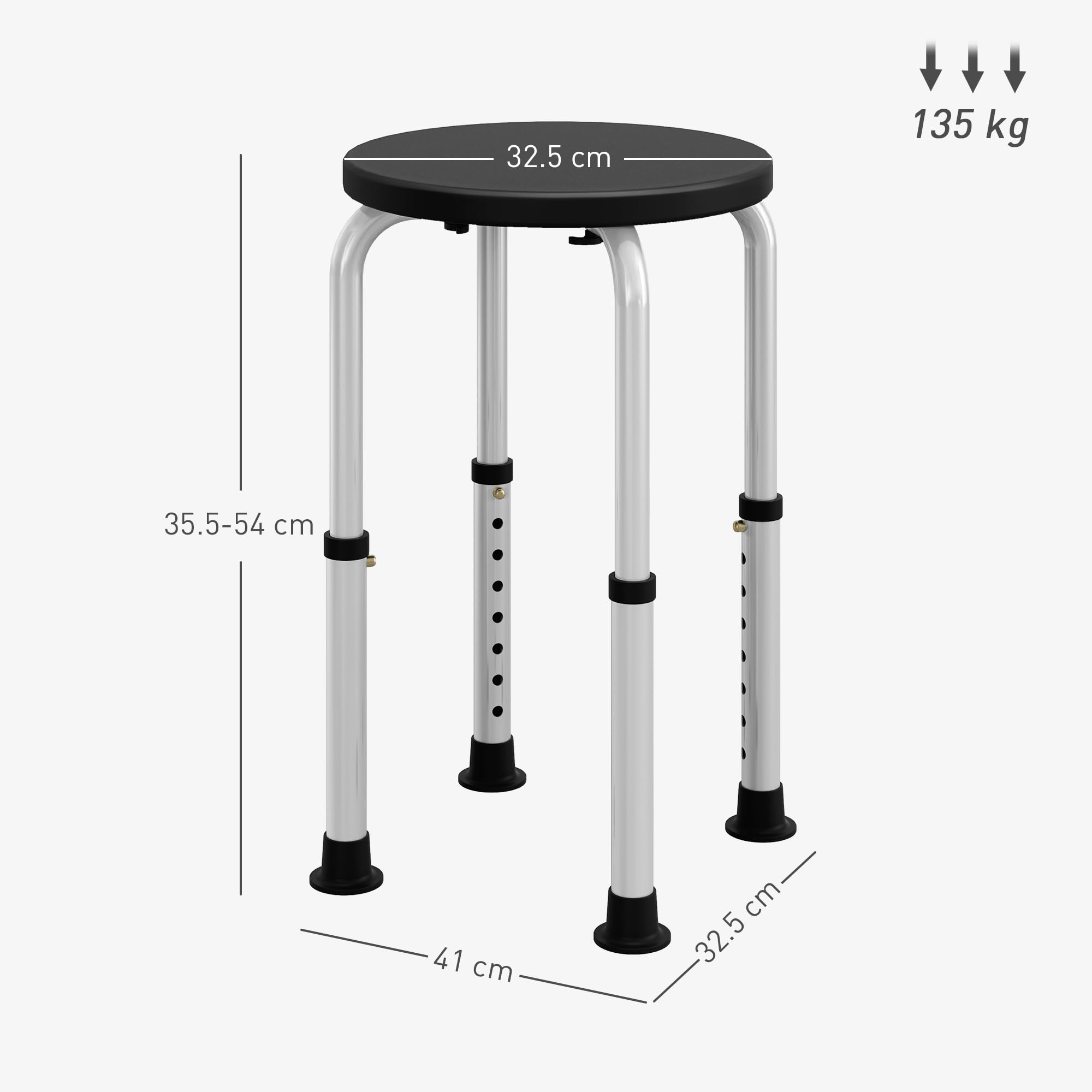 HOMCOM Sgabello da Doccia Girevole a 360° con Piedini Antiscivolo e Regolabile in Altezza su 8 Livelli, Sgabello per Doccia in Alluminio e PE, 32.5x41x35.5-54 cm, Nero
