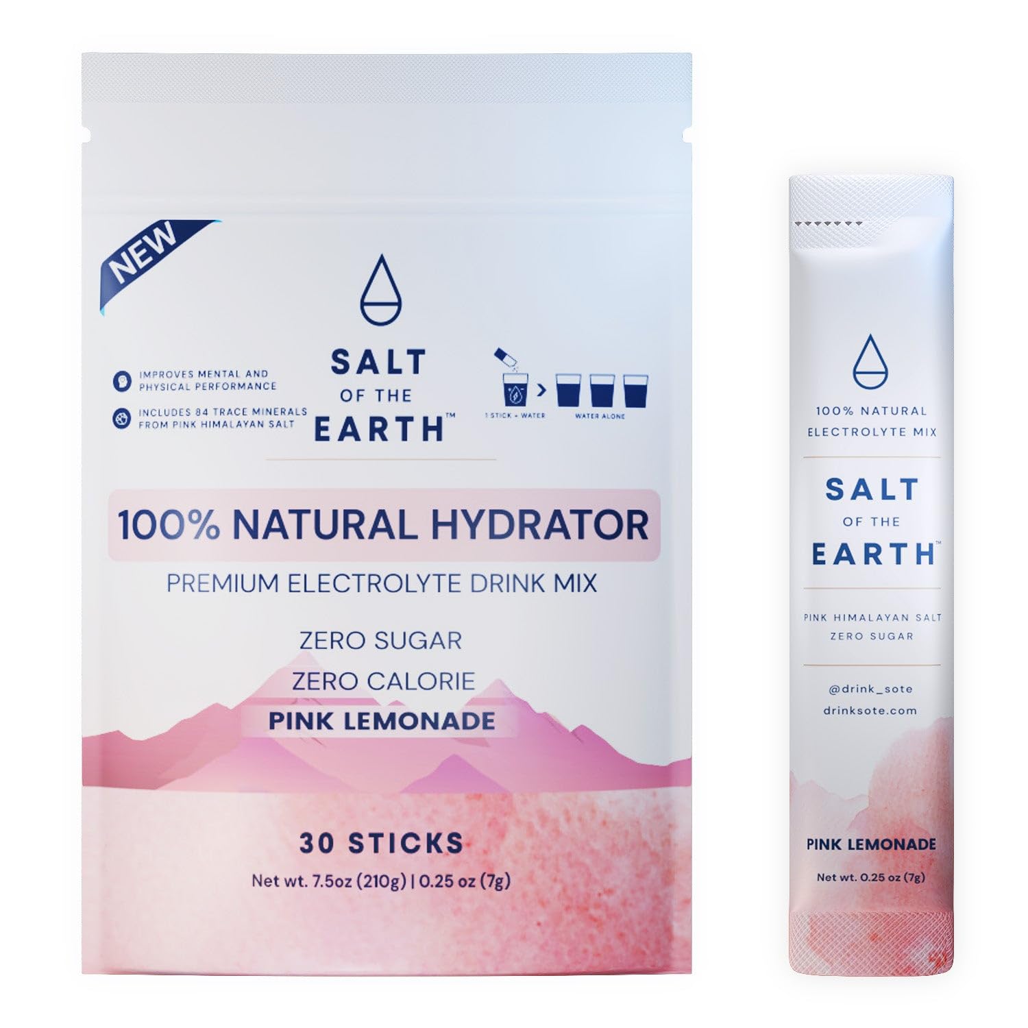 Salt of the Earth Premium Zero-Sugar Electrolyte - Made with Pink Himalayan Salt - Hydration Powder Packets | Premium Ingredients | Keto & Paleo Friendly | 30 Sticks, Pink Lemonade