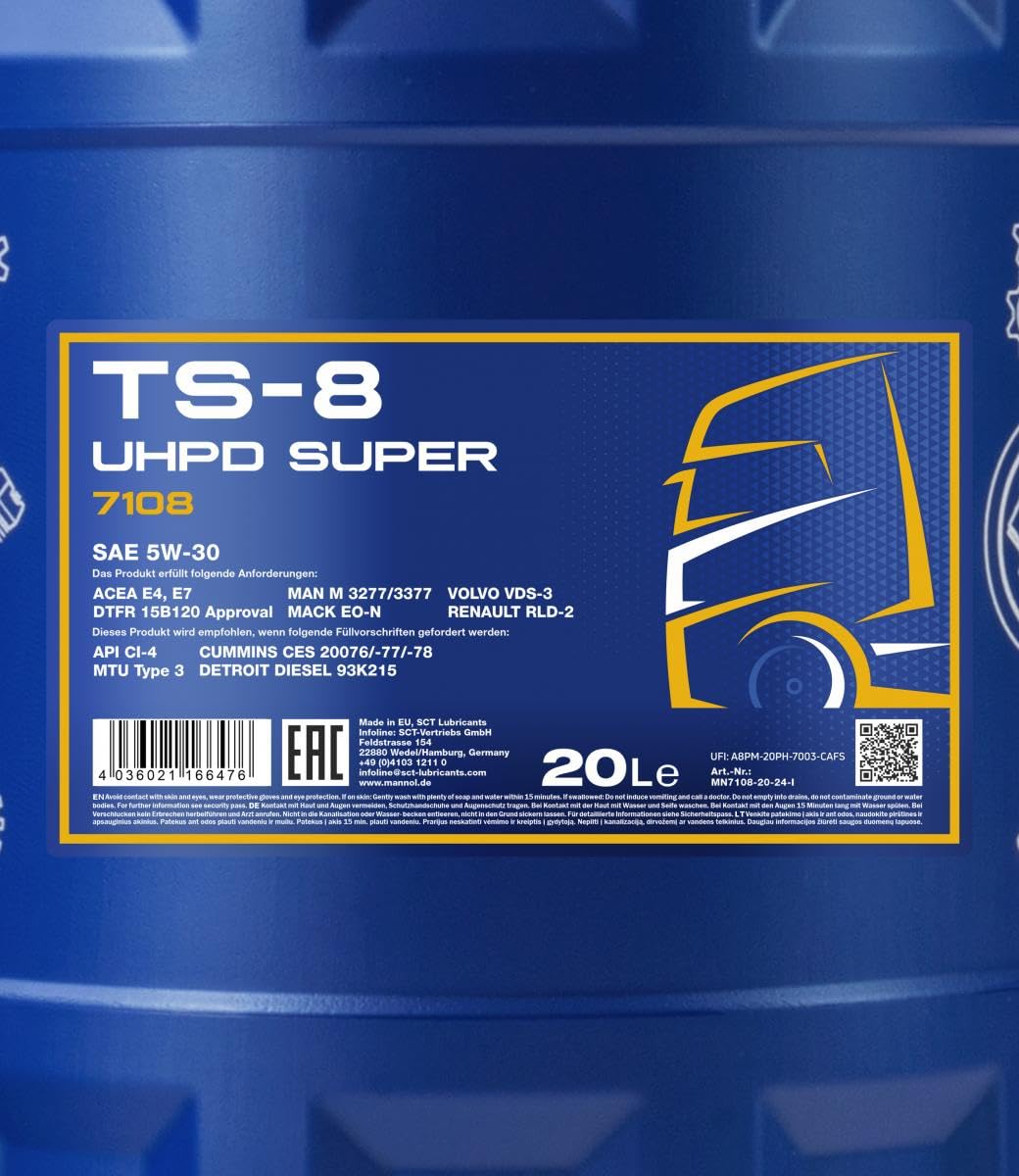 MANNOL 7108 TS-8 UHPD 5W-30 Motoröl synthetisch LKW Diesel, 20L | Erfüllt ACEA E4/E7 und API CI-4, für Euro I-V Nutzfahrzeug-Dieselmotoren mit Turbo, schützt vor Verschleiß und Korrosion