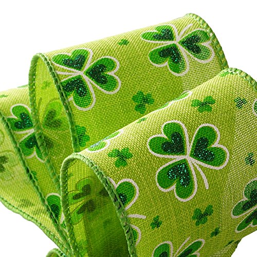 Image of St. Patrick's Day Wired Ribbon - 2 1 /2 inch x 10 Yards, Glittery Emerald Shamrocks on Green Fabric, Earth Day, Kiss Me I'm Irish, Gift Wrapping, Bows