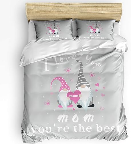 Juego de funda de edredón tamaño matrimonial de 3 piezas con texto en inglés I Love You Mom Only the Best Mothers Day Gnomo suave juego de ropa de
