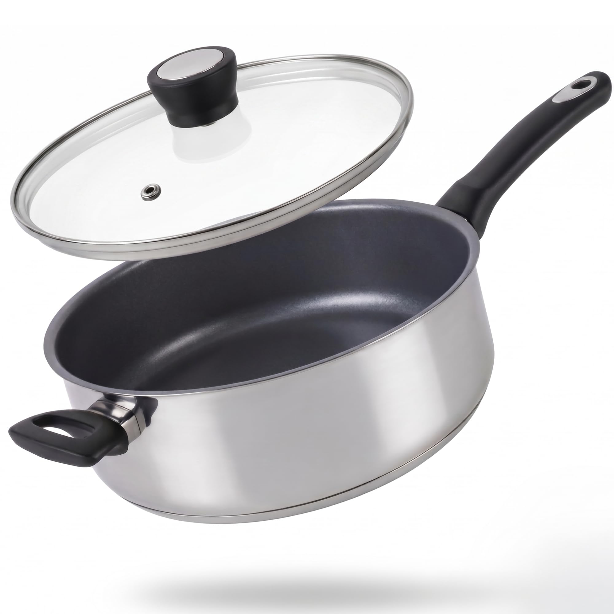Judge Essential - Stainless Steel Non Stick Frying Pan with Vented Glass Lid - Dishwasher & Oven Safe to 180°C - Stay-Cool Handle - Suitable for All Hob Types (28cm Saute Pan)