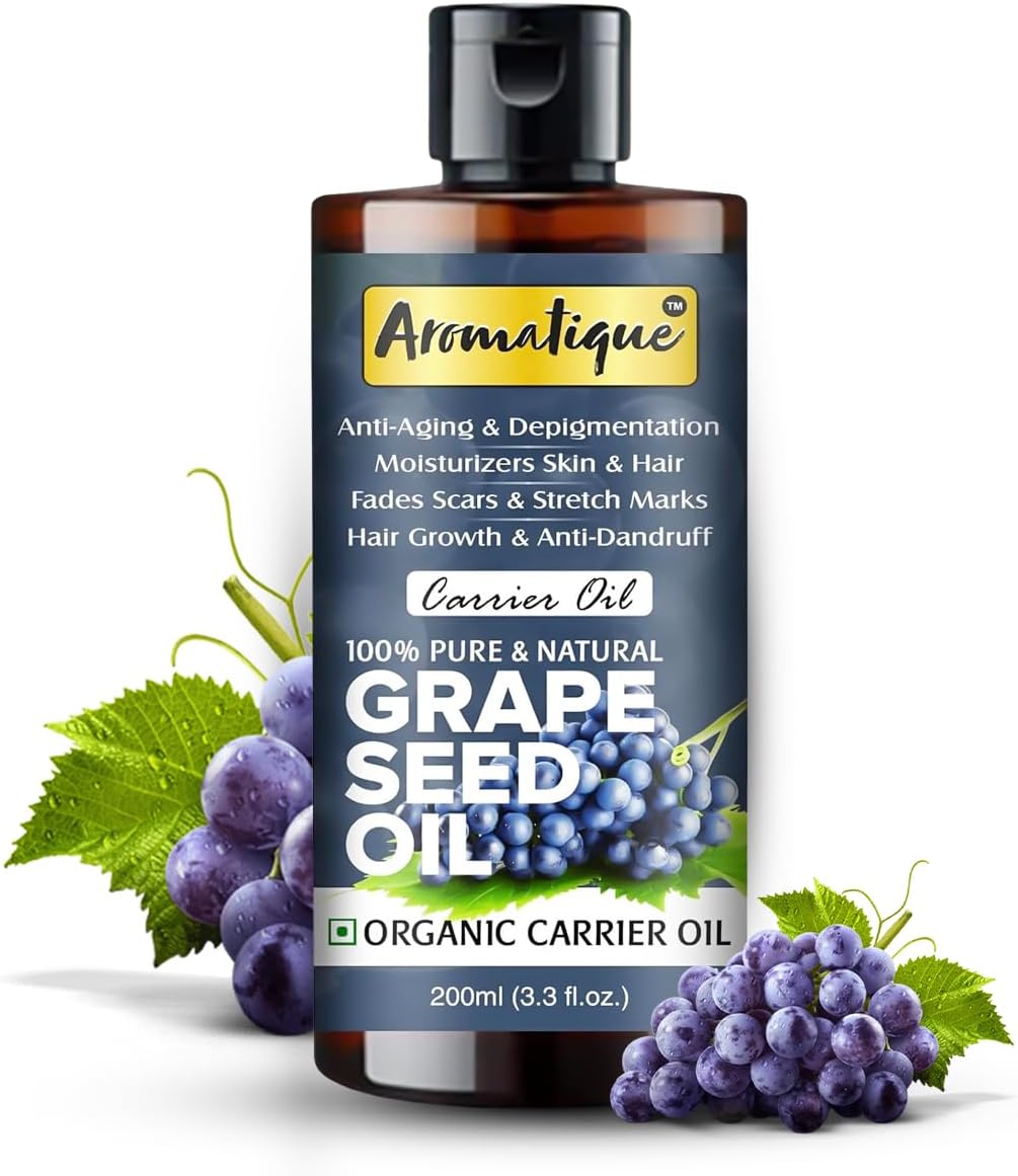 Aromatique Pure Grape Seed Oil For Hair & Skin- Lightweight Moisturizer for Skin, Hair & Nails, Cold-Pressed, Non-Greasy Carrier Oil For Essential Oil Mixing 200ml