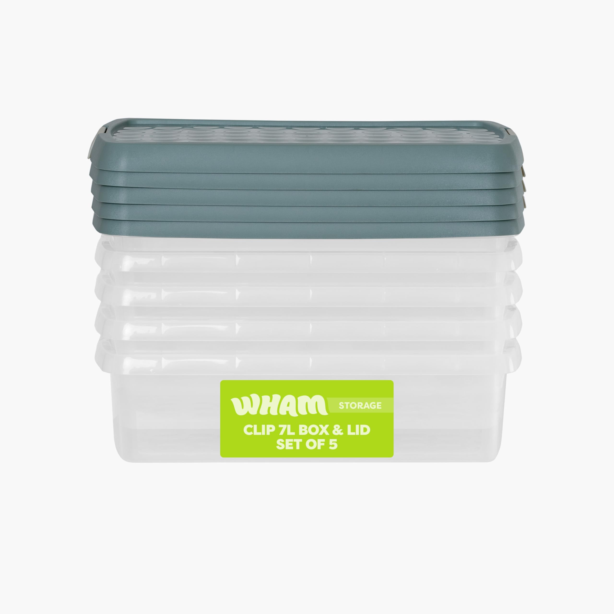 Wham Clip 5 x 7L Rectangular Stackable Plastic Storage Boxes with Lids | Ideal for Home, Office, Toys & More | Storage Containers with Clip Locks | Made in UK - Clear/Green Milieu