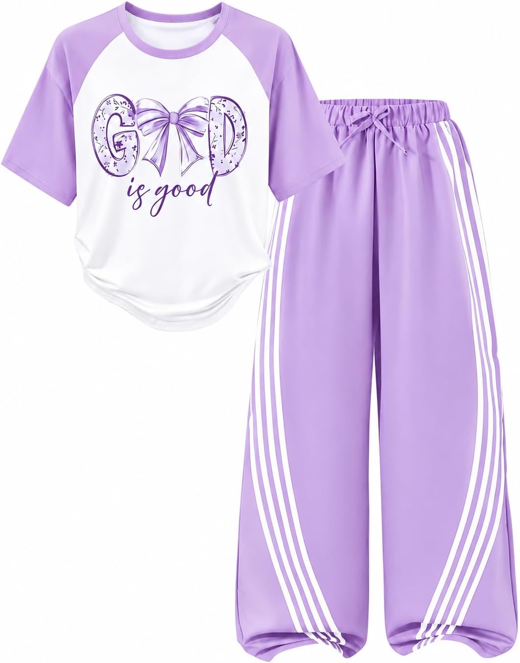 Girls Clothes 2PCS Outfits Bow Letter T-Shirt + Striped Wide Leg Pants Tween Girls' Clothing Sets Size 7-14Y
