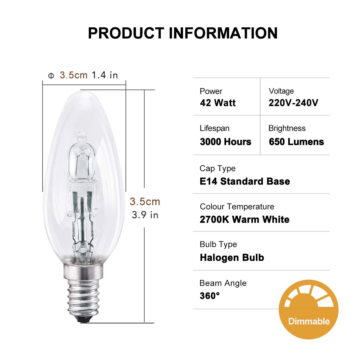 Pack of 10 Candle Light Bulbs E14 Dimmable E14 Halogen Warm White 