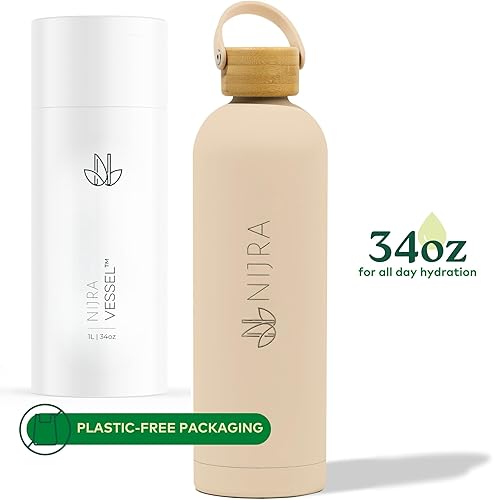 Miniatura 5 de Vessel - Botella de agua de acero inoxidable de 34 onzas con tapa de bambú, botella de agua aislada de doble pared para bebidas calientes y frías,