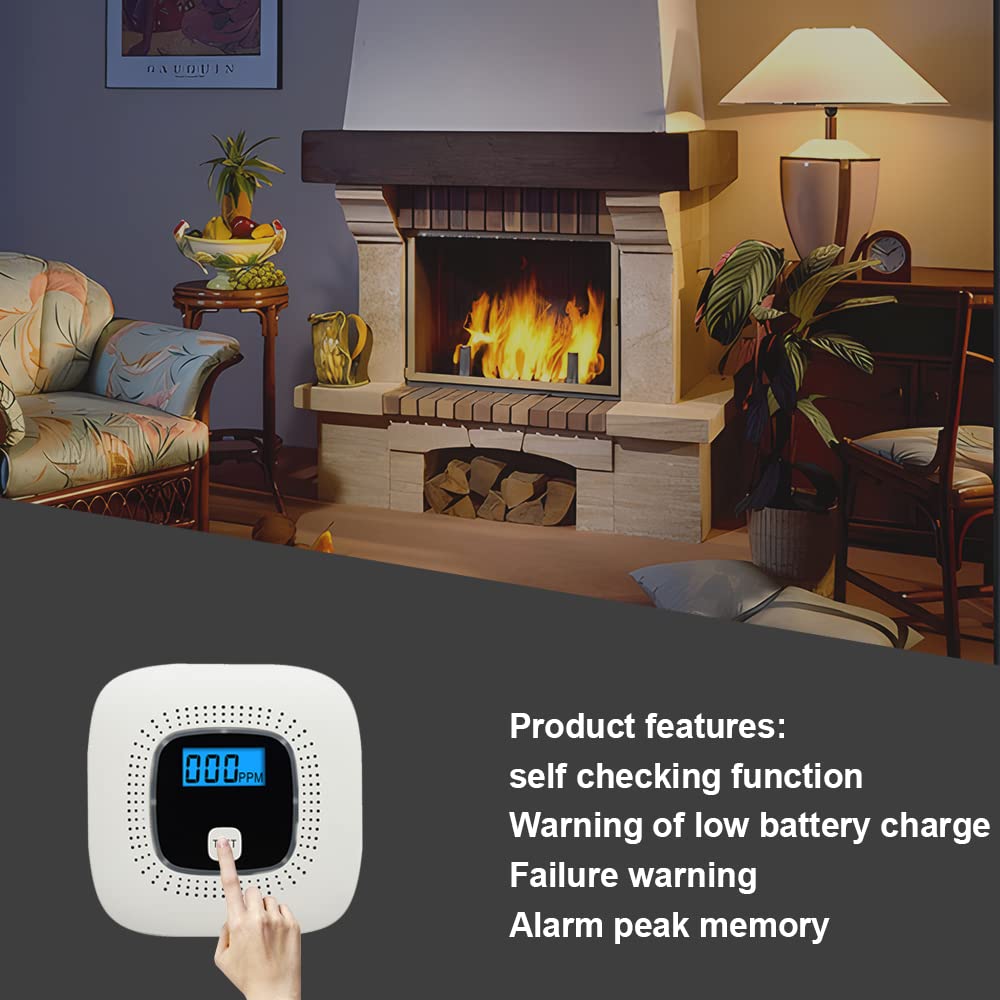 OBEST Detector de monóxido de Carbono, CO Alarma con Pantalla Digital y Funcionamiento con batería reemplazable, con botón de Prueba y indicador de Estado LED