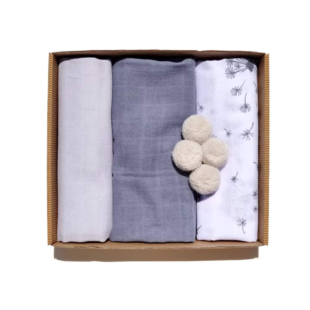 Bellochi Mussole Neonato Lavette Neonato con Pompon - Set di 3 Asciugamani Neonato Multifunzione 80x60 - Cotone Morbido e Delicato – Grigio