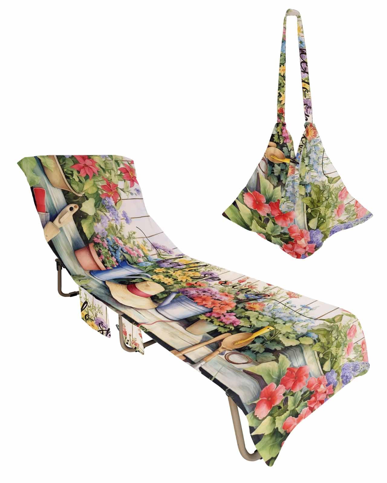 Hello Spring Beach Lounge Chair Towel Cover, Soft Chaise Lounge Towel with Side Pockets Patio Pool Chairs Cover for Beach/Pool Sunbathing 29x85 Elagant Summer Floral Botanical Wooden
