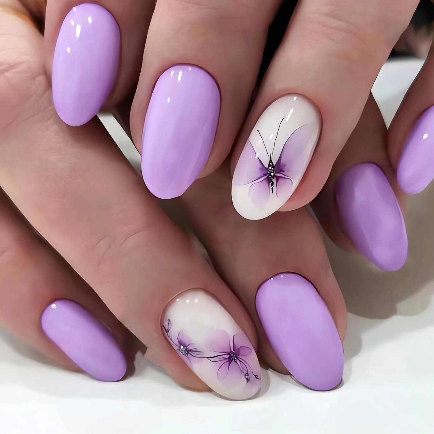 Purple Press on Nails Medium Fake Nails, Purple Butterfly Flower Press on Nails Glossy White False Nails with Design Full Cover Oval Glue on Nails for Women and Girls, 24Pcs