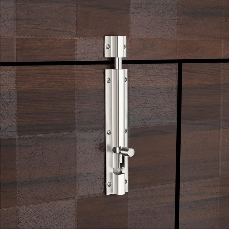 Image of COMPASS Paan Stainless Steel Heavy Double Door Fitting Accessories Full Set /Kit (1 Aldrop, 1 Latch, 4 Handles, 2 Tower Bolt and 2 Door Stopper | 12 inch | SS Finish