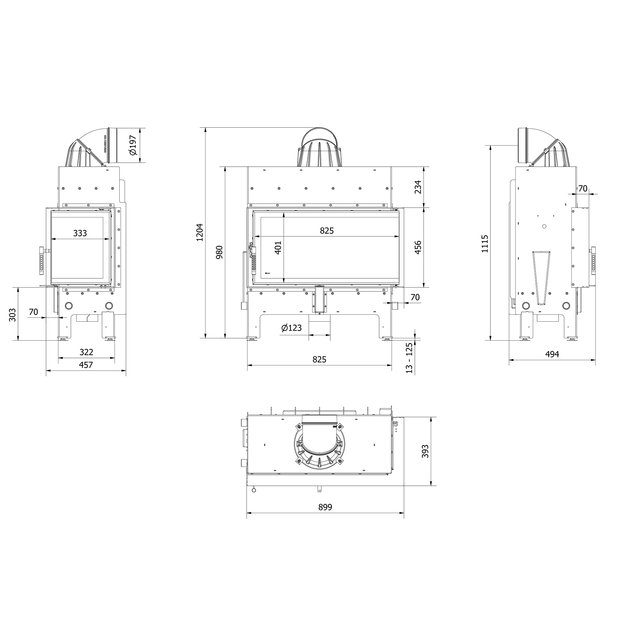 KRATKI Inserto per camino in acciaio a legna FLOKI 12 kW Ø200 destro A+ | Acciaio nero, efficienza 85,4%, classe A+. Ecodesign, BImSchV 2; per recupero calore.; kit di montaggio; basse emissioni