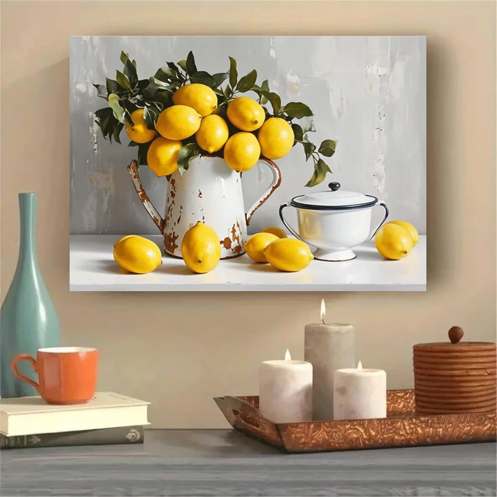 GOSRD Canvas Poster Wall Decoration Lemon Still Life Rustic Pitcher Enamel Pot Fresh Citrus Kitchen Art Print(60x90CM/Frameless)