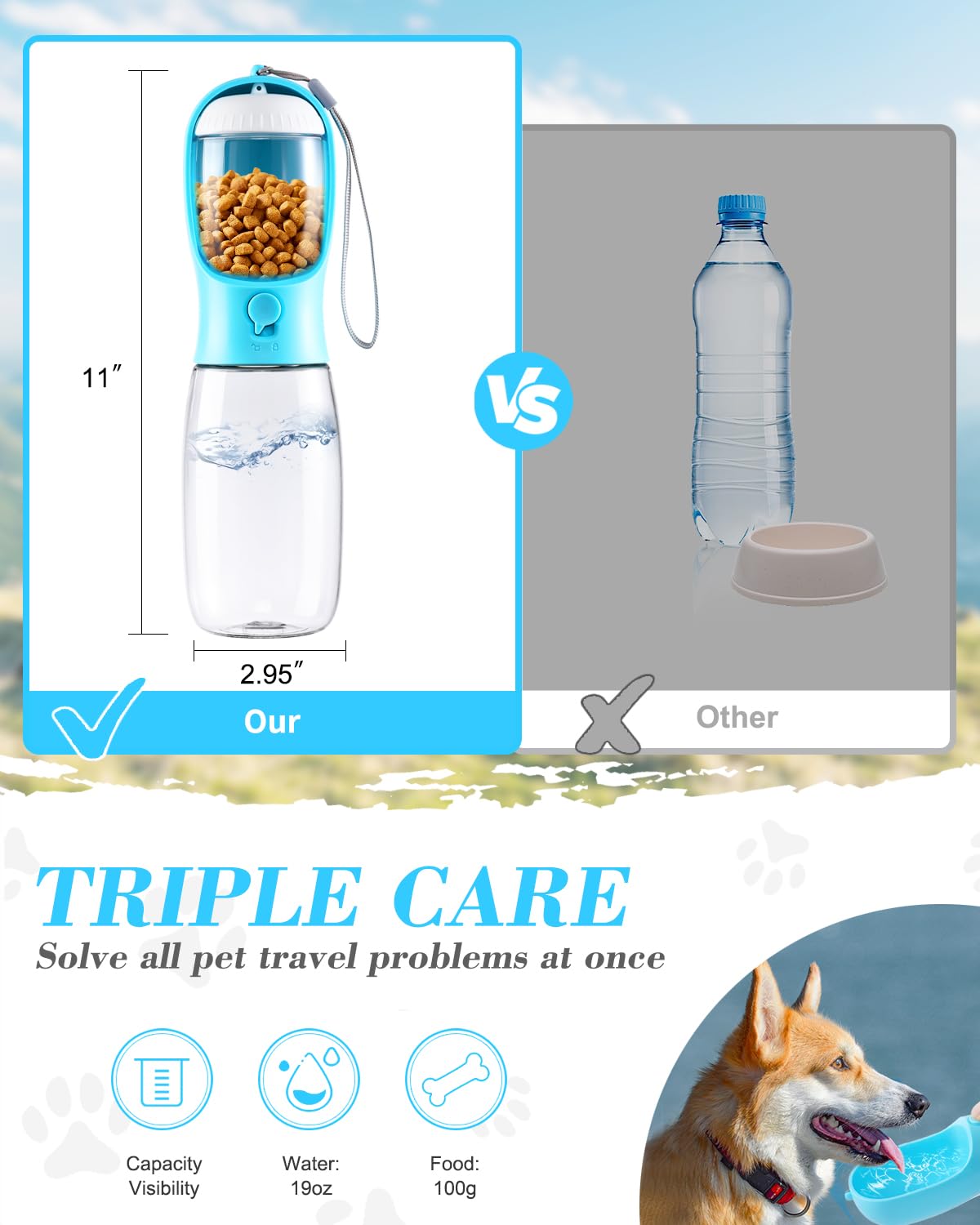 Borraccia per cani 2 in 1, a prova di perdite, con contenitore per cibo, dispenser di acqua portatile per cuccioli, ideale per passeggiate, escursioni, campeggio e viaggi