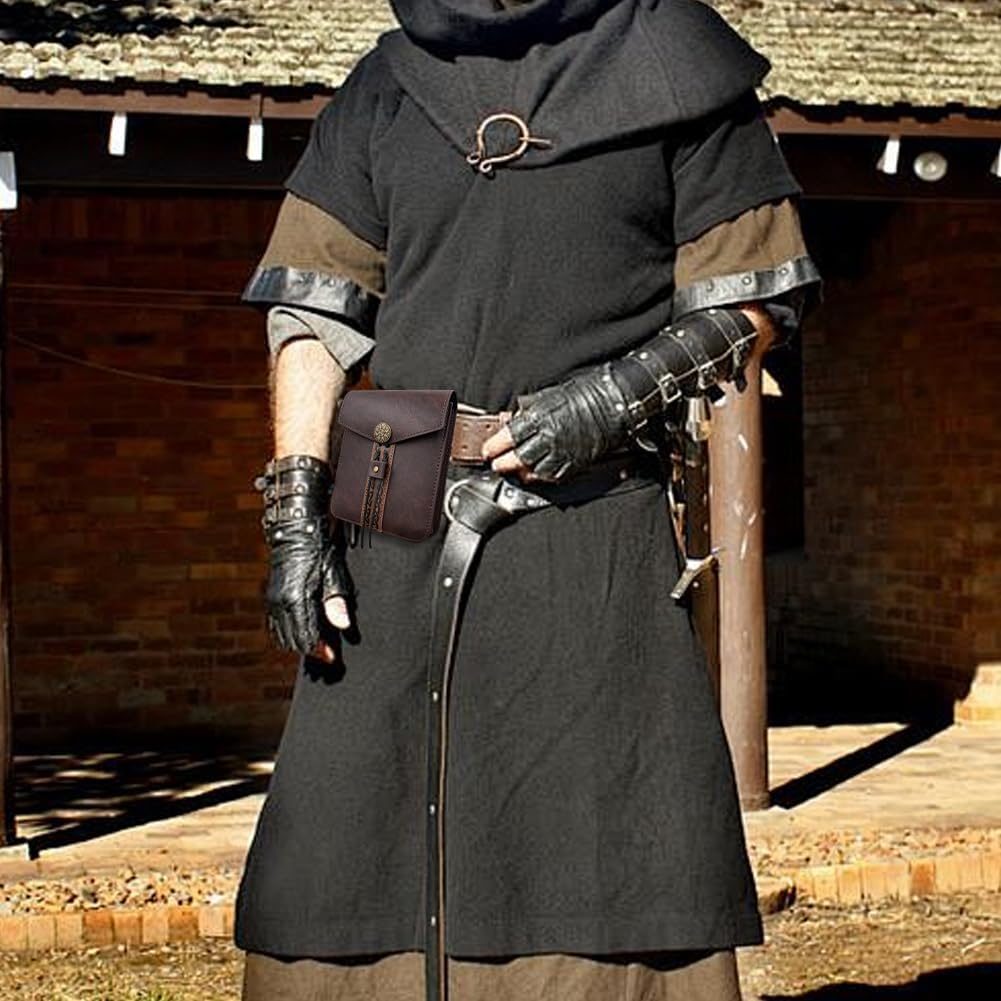 Vintage PU Leather Waist Bag Retro Late Medieval Leather Belt Pouch Portable Viking Brown Side Pack Waist Bag Renaissance Accessories for SCA LARP Reenactment & Ren Faire Halloween Costume - Image 6